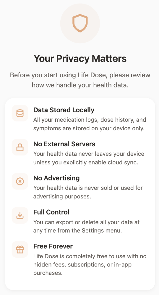 Life Dose privacy features screen